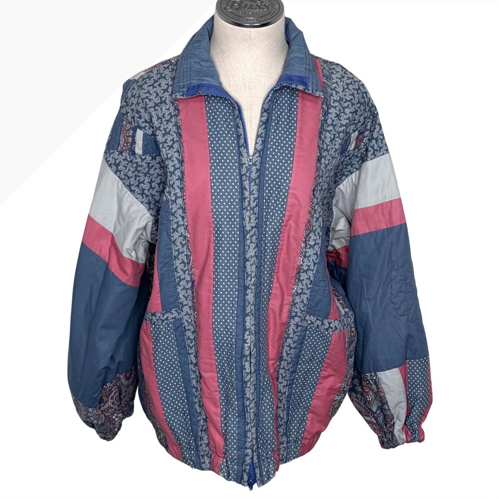 Vintage 80s 90s Patchwork Bomber Jacket Blue Pink Paisley Print Womens Size M